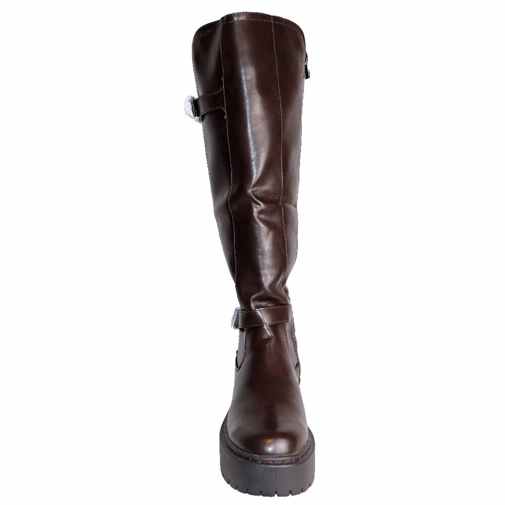 Awesome Suedi Dark Brown Knee High Platform Lug Sole Moto Boot Size 8 NWB - Picture 3 of 7